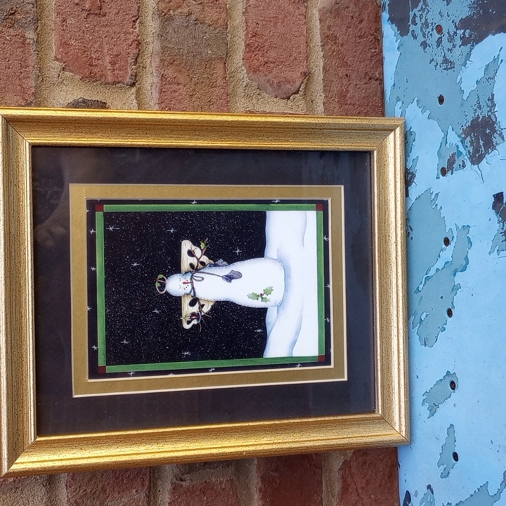 Framed Snowman Artwork with Gold Frame - Picture 1 of 6